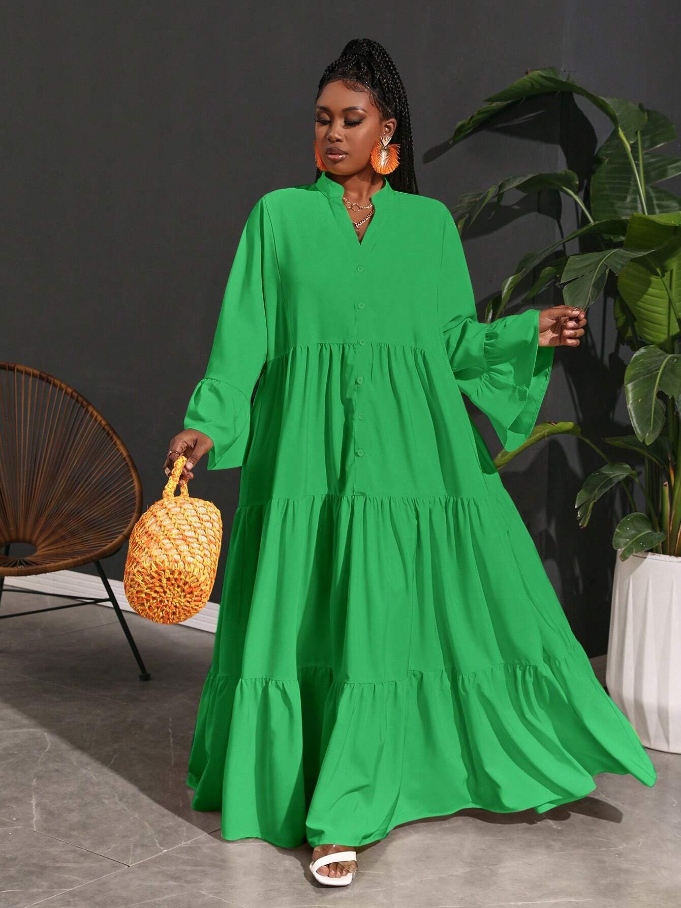 Wrap Dress long summer tiered design with front buttons for women