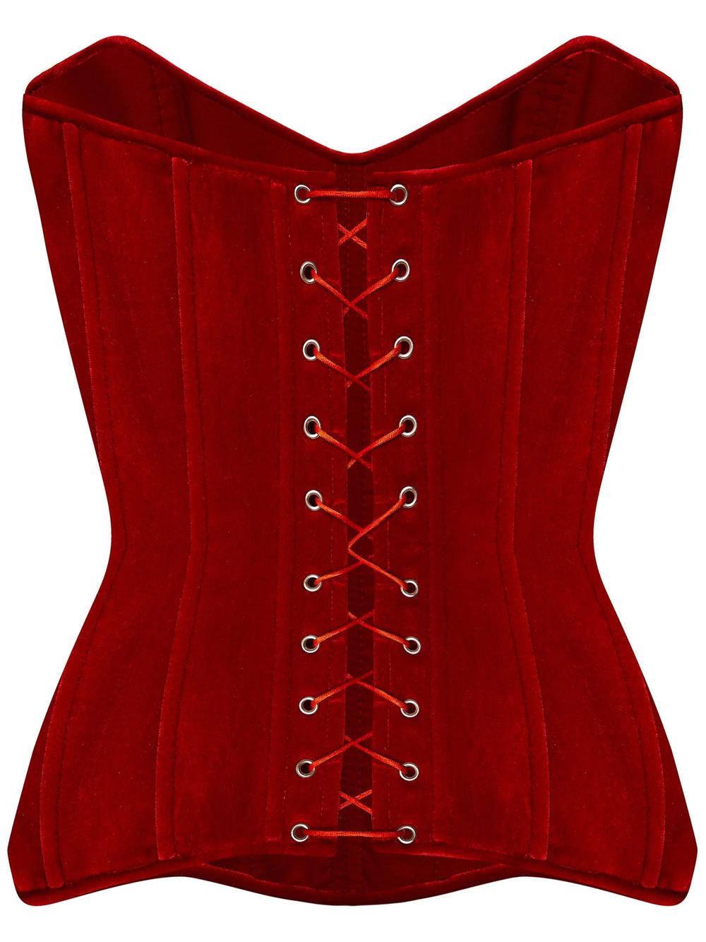 Corset Set Featuring a Red Velvet Top and Matching Skirt