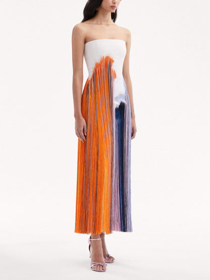 Dress with Abstract Brushstroke and Fringe Details for Women