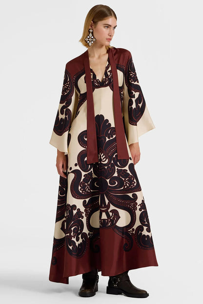 Dress in cream and burgundy satin with a stunning pattern print for women