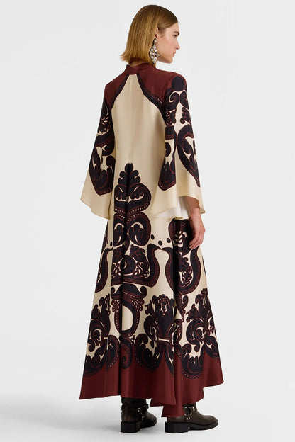 Dress in cream and burgundy satin with a stunning pattern print for women