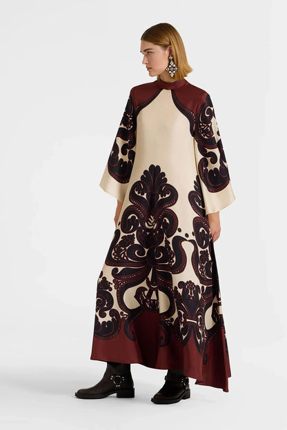 Dress in cream and burgundy satin with a stunning pattern print for women