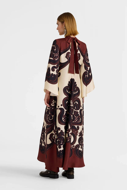 Dress in cream and burgundy satin with a stunning pattern print for women