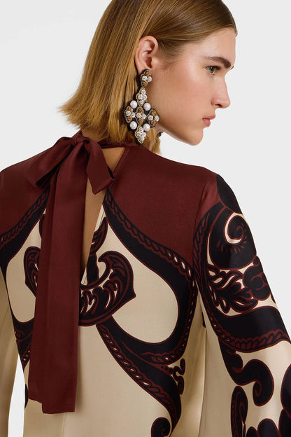 Dress in cream and burgundy satin with a stunning pattern print for women