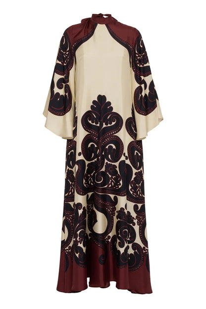 Dress in cream and burgundy satin with a stunning pattern print for women