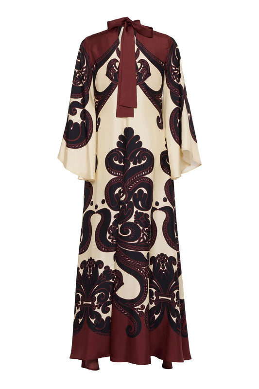 Dress in cream and burgundy satin with a stunning pattern print for women