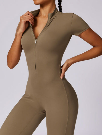 Full-Length Short Sleeve Zip-Up Bodysuit – Sleek, Stretchy & Modern Fit