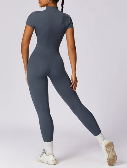 Full-Length Short Sleeve Zip-Up Bodysuit – Sleek, Stretchy & Modern Fit