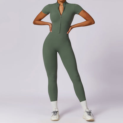 Full-Length Short Sleeve Zip-Up Bodysuit – Sleek, Stretchy & Modern Fit