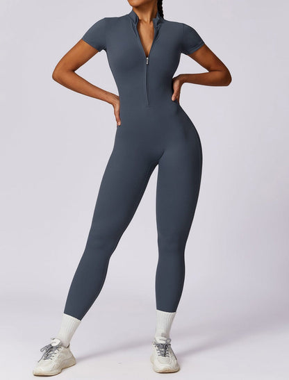 Full-Length Short Sleeve Zip-Up Bodysuit – Sleek, Stretchy & Modern Fit