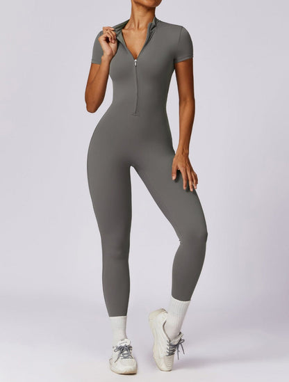 Full-Length Short Sleeve Zip-Up Bodysuit – Sleek, Stretchy & Modern Fit