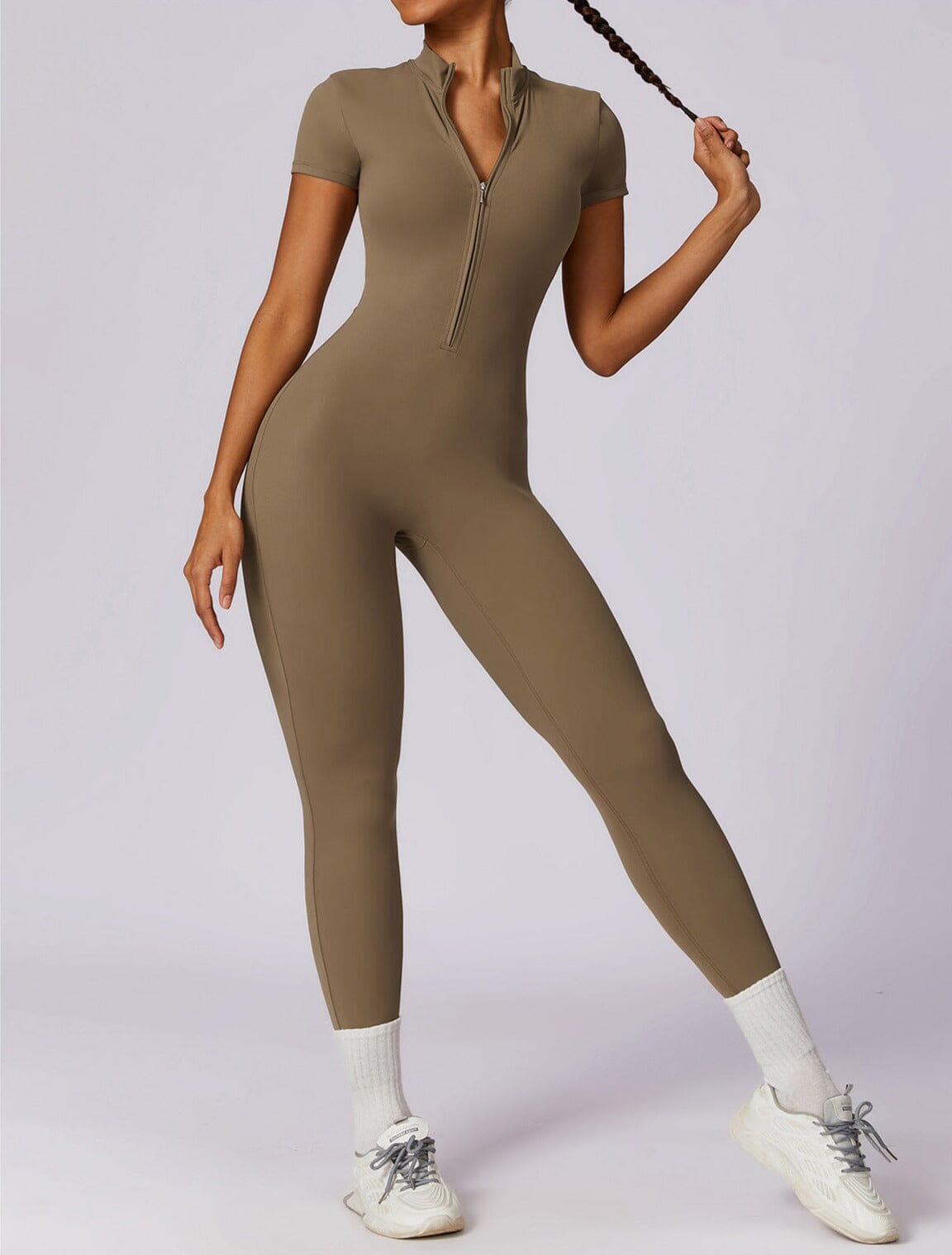 Full-Length Short Sleeve Zip-Up Bodysuit – Sleek, Stretchy & Modern Fit