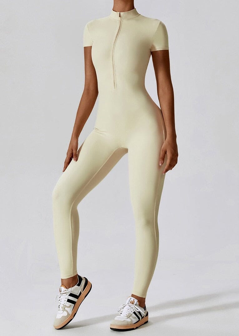 Full-Length Short Sleeve Zip-Up Bodysuit – Sleek, Stretchy & Modern Fit