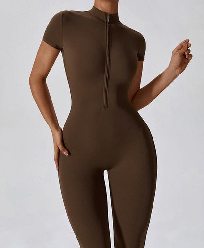 Full-Length Short Sleeve Zip-Up Bodysuit – Sleek, Stretchy & Modern Fit