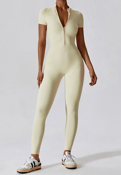 Full-Length Short Sleeve Zip-Up Bodysuit – Sleek, Stretchy & Modern Fit