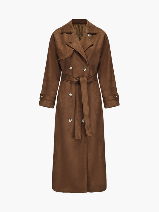 Trenchcoat in faux suede with ribbon belt, button detail and wrist straps for Women