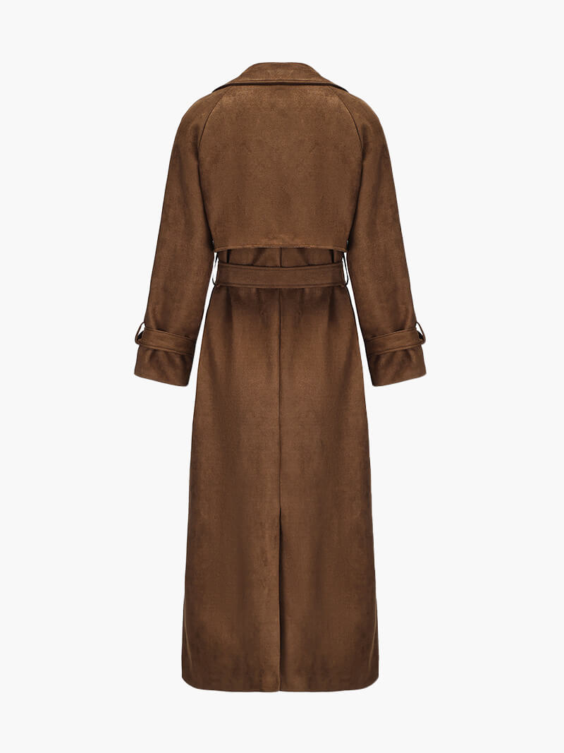 Trenchcoat in faux suede with ribbon belt, button detail and wrist straps for Women