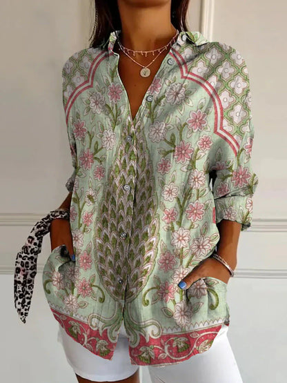 Floral Breeze Design Button Down Blouses for Women